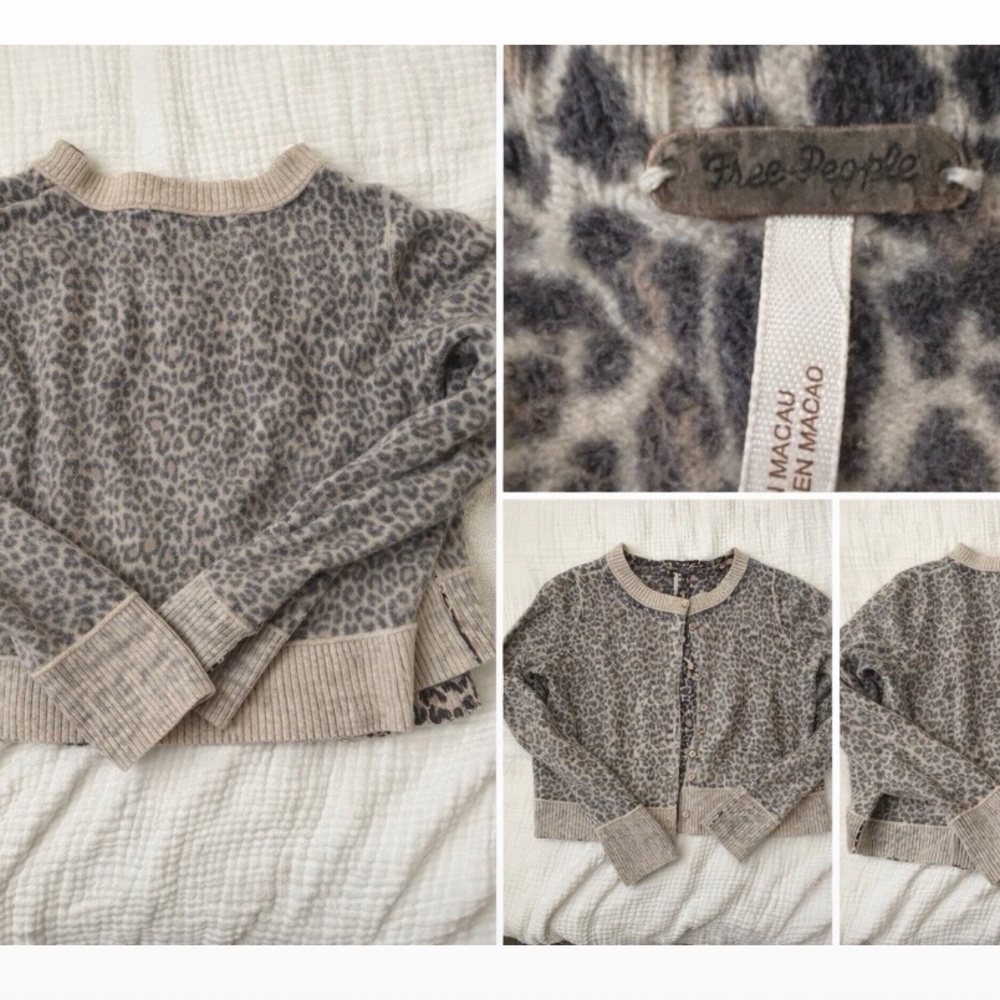 Free People Beige and Gray Leopard-Print Cropped Cardigan